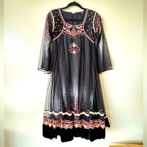 NWT Small Bridgerton Style Black Polka Dot Floral Rose Dress Choli Sari w Ruby